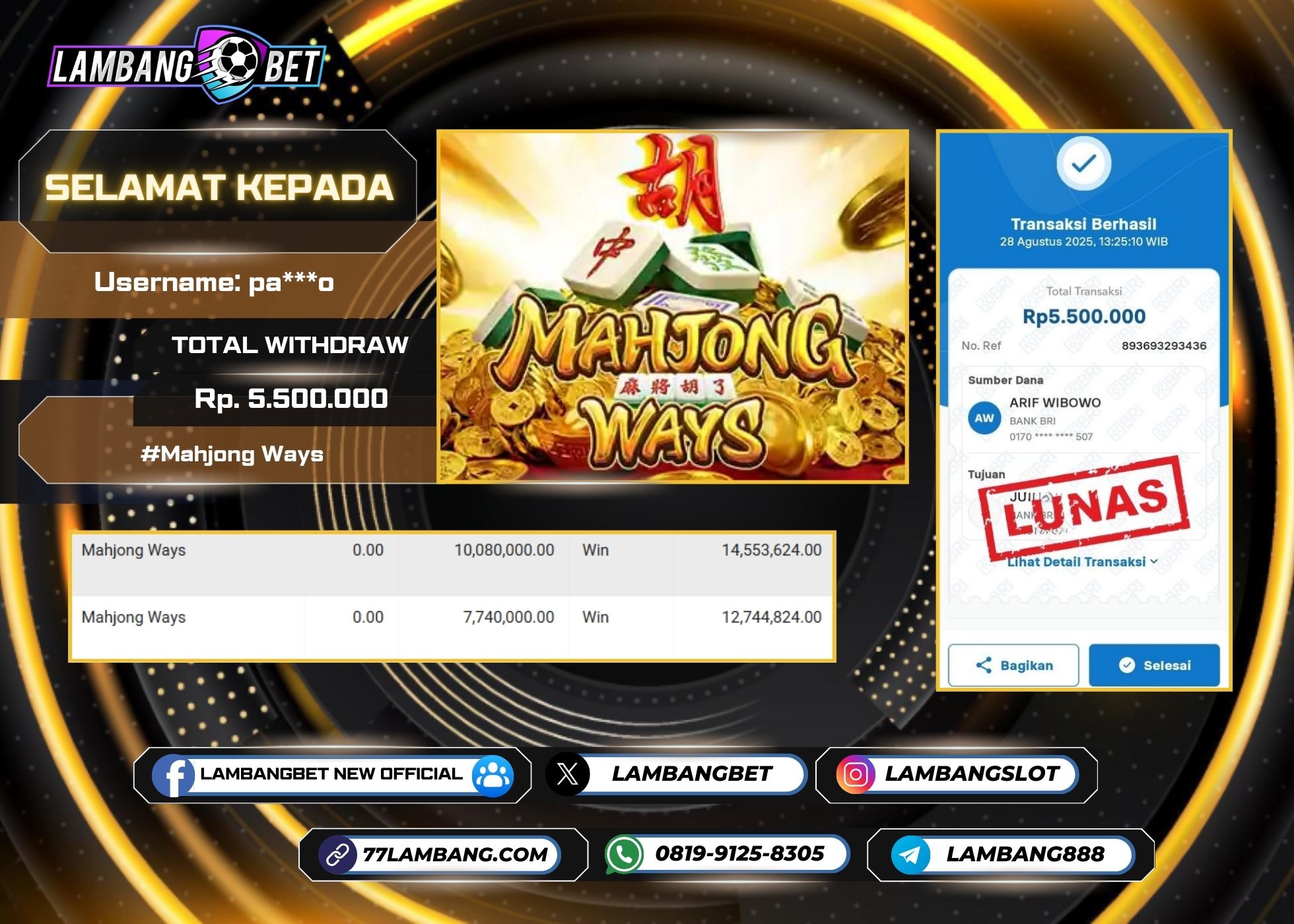 LAMBANGBET [28 AUGUST 2025] JACKPOT SLOT Mahjong Ways "Rp5.500.000" LUNAS